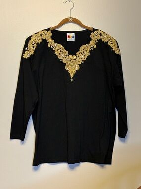 Vintage Black Long-Sleeve Top with Gold appliqué V-Neck. Size L-Xl